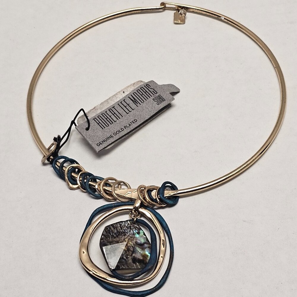 New Robert Lee Morris SOHO Gold Plated Wire Necklace Albony Turquoise Shell